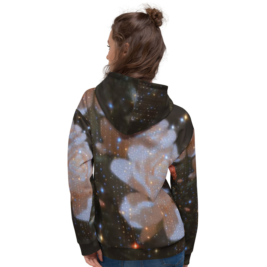 Back view of a stylish Unisex Hoodie with a colorful galaxy print, perfect for comfort and style.