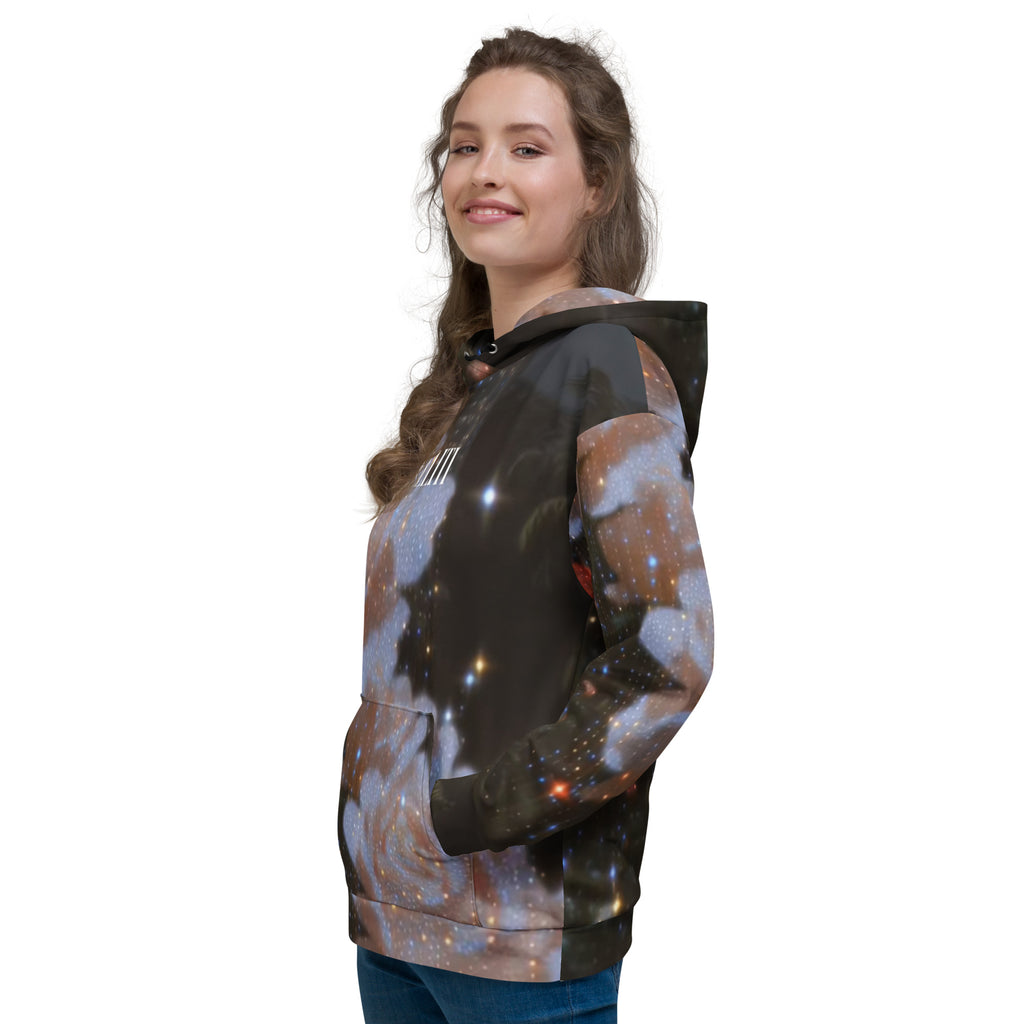 Unisex Hoodie featuring a vibrant print on a relaxed fit design with soft brushed fleece inside.