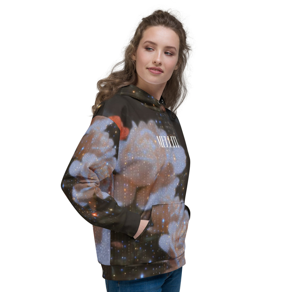 Unisex Hoodie featuring a vibrant floral print and relaxed fit, perfect for chilly evenings.