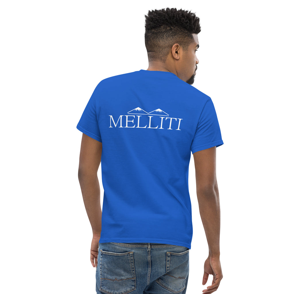 Back view of a person wearing a blue MELLITI MOUNTAINS TEE featuring mountain graphics and text.