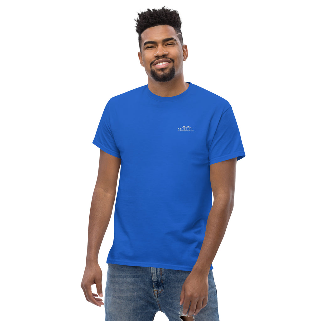 MELLITI MOUNTAINS TEE in blue worn by a man, showcasing a stylish and structured look for streetwear