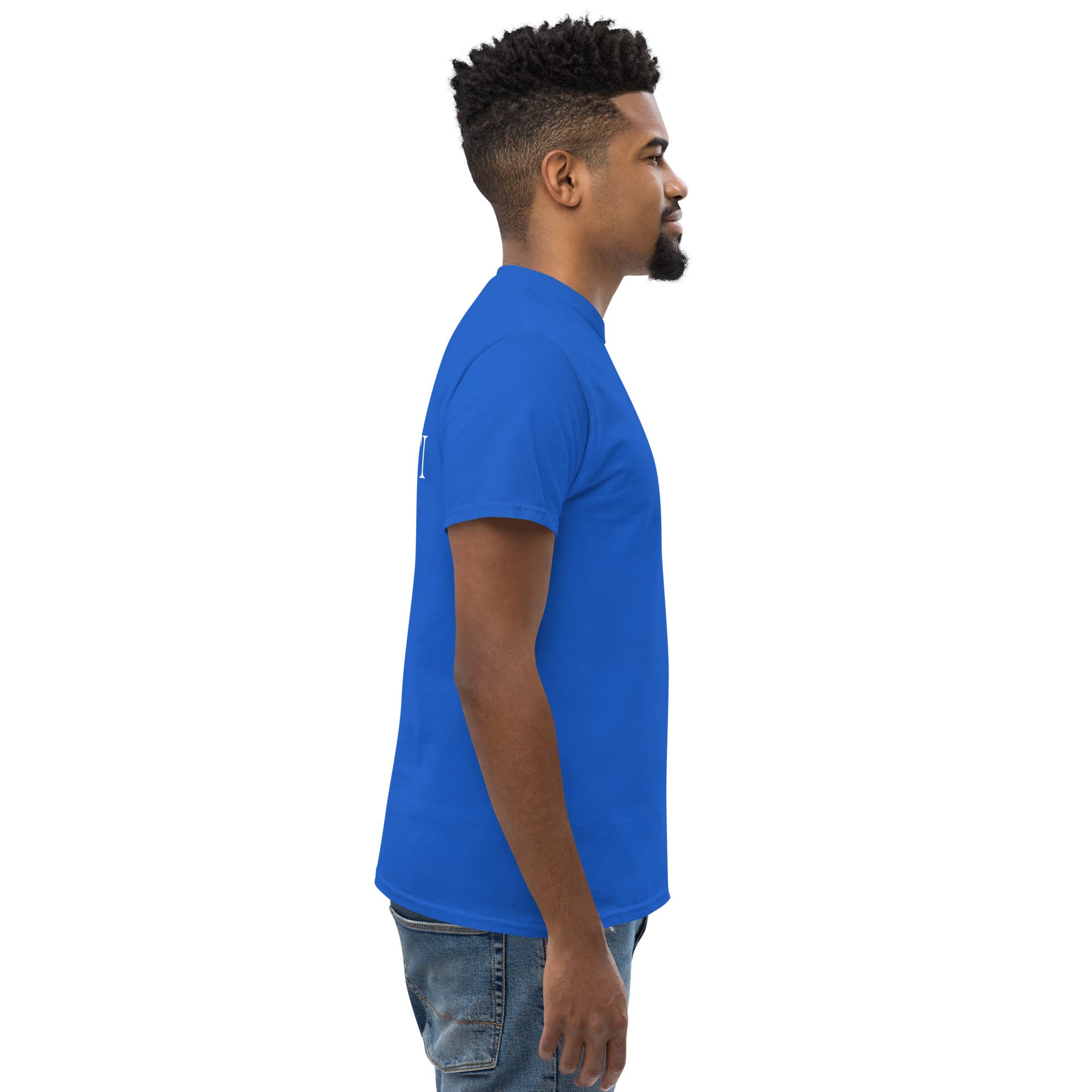MELLITI MOUNTAINS TEE shown in blue color on a model, highlighting its stylish and structured fit.