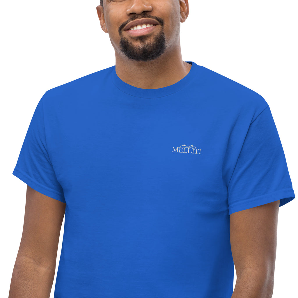 MELLITI MOUNTAINS TEE displayed on a model, showcasing its vibrant blue color and stylish design.