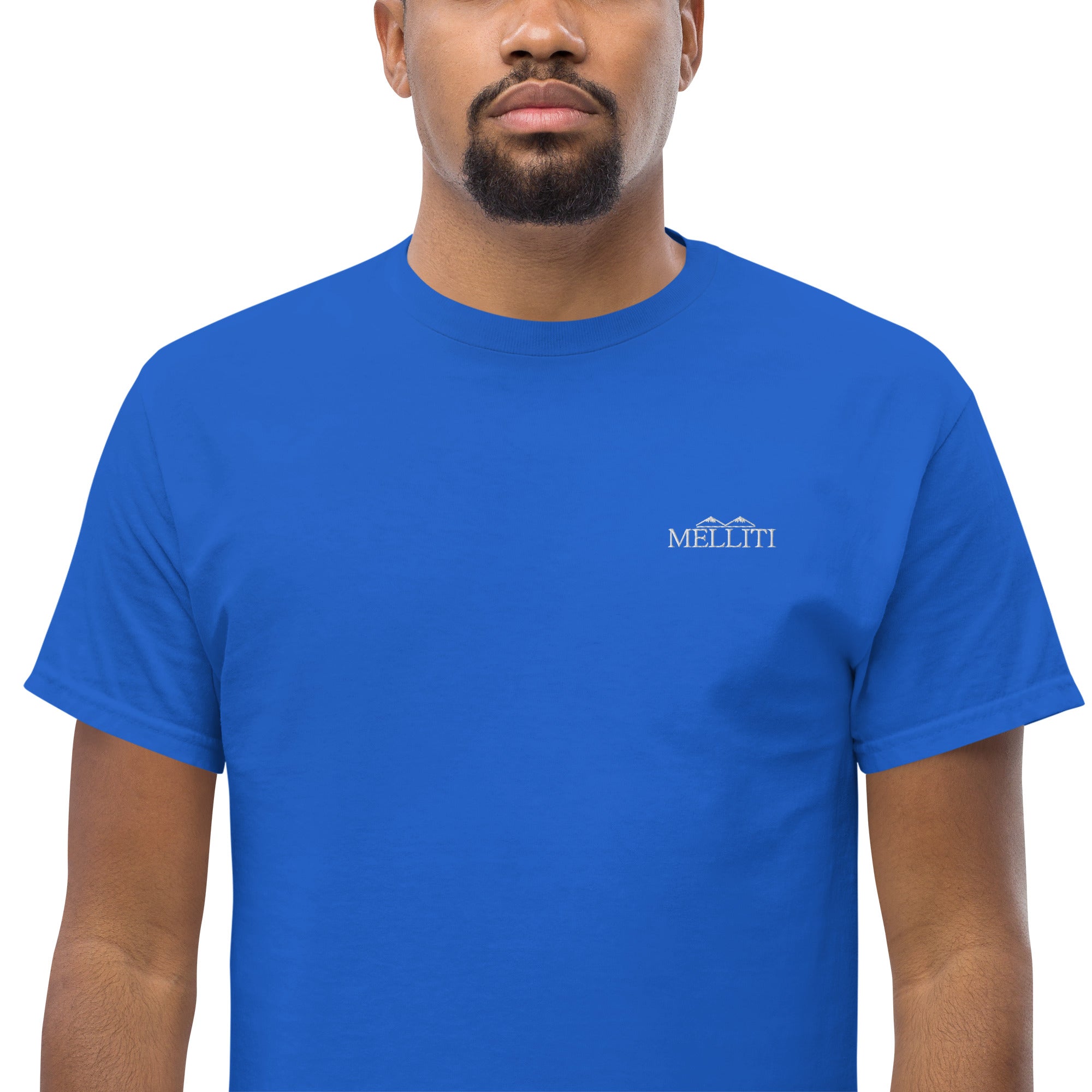 MELLITI MOUNTAINS TEE in vibrant blue color on a model showcasing a trendy streetwear style.